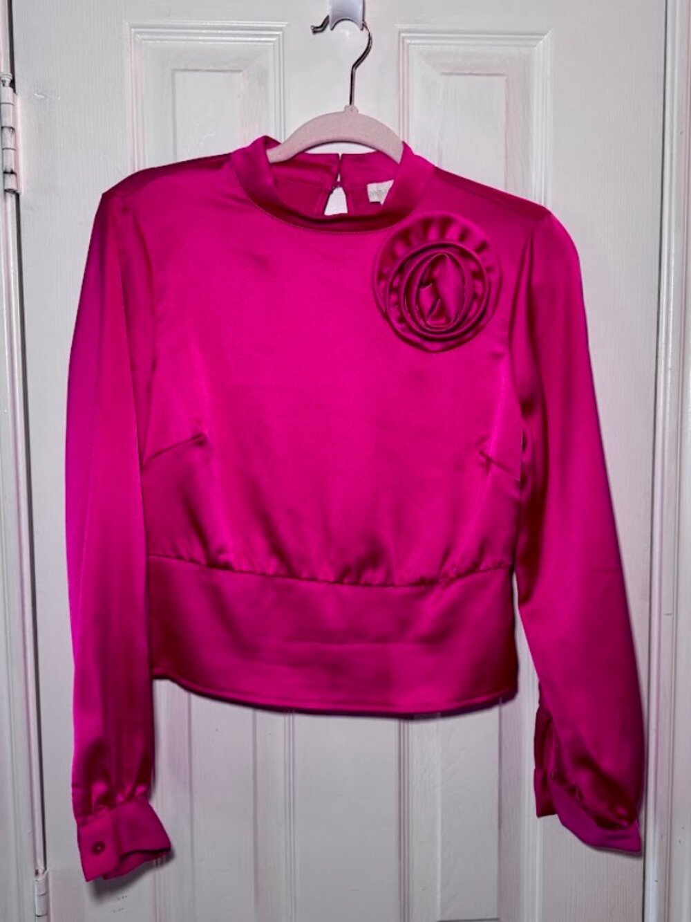 Cynthia Rowley Hot Pink Satin 3D Rosette Blouse Smocked Waist Barbiecore S